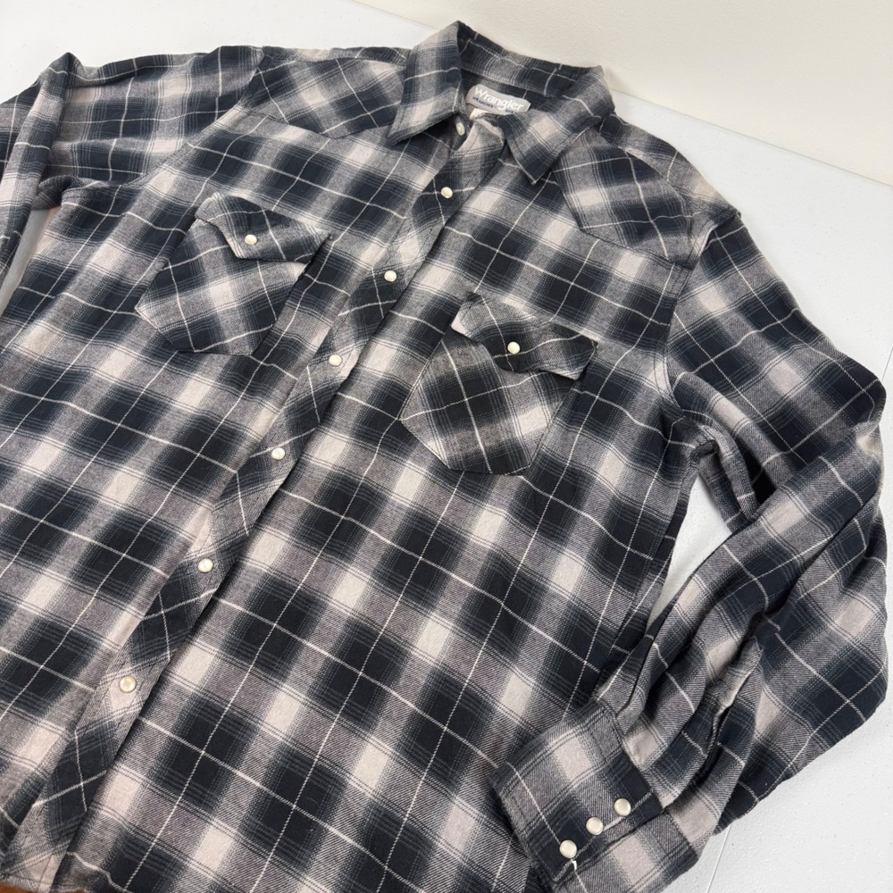 Wrangler Wrancher Mens Black White Plaid Pearl Snap Western Flannel Shirt L